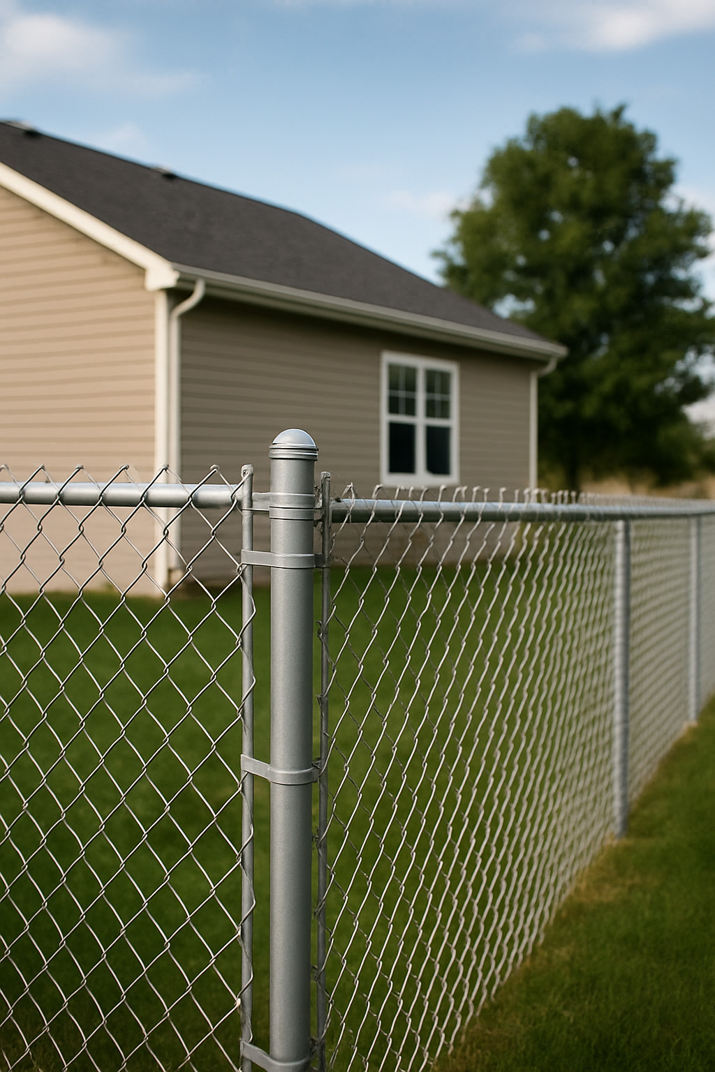 Chain-link fence enclosing a suburban backyard in Pueblo, Colorado, with galvanized steel posts and mesh.