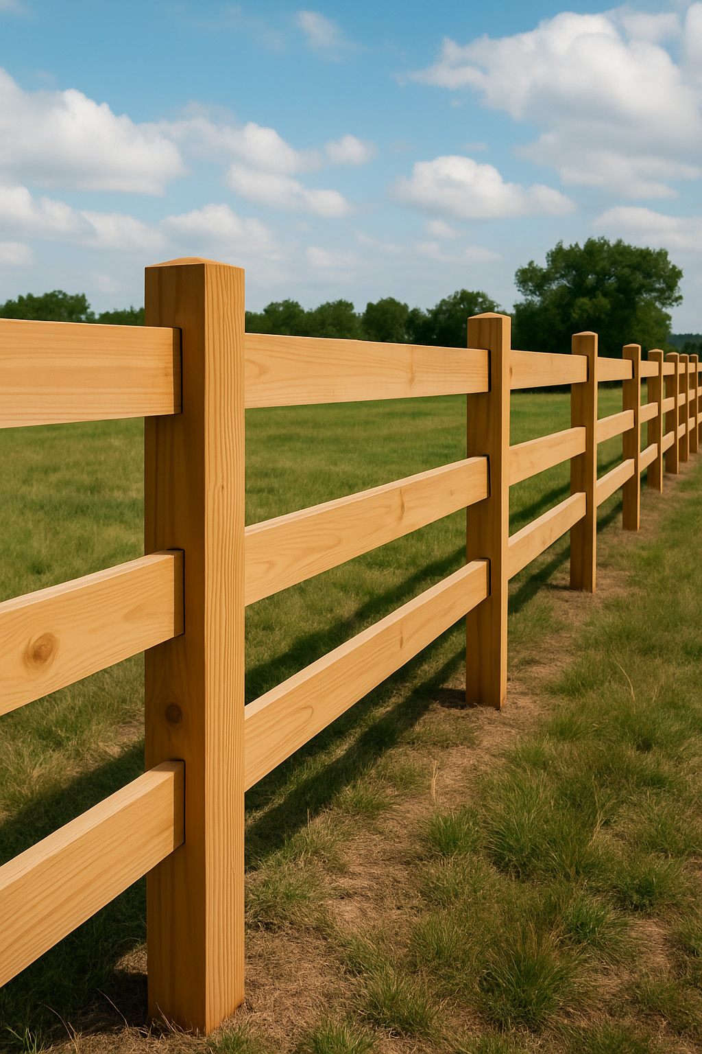 Wooden ranch-style field fence with sturdy posts and horizontal rails on open land in Pueblo, Colorado.