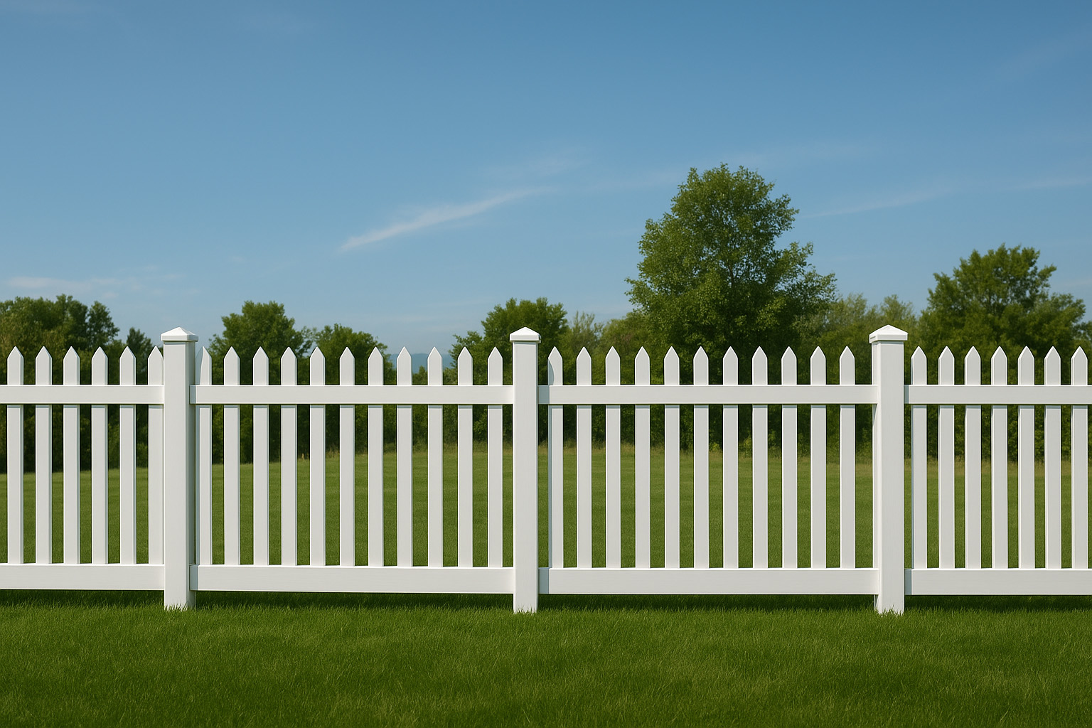 White vinyl picket fence along a green lawn with trees and blue sky in the background.