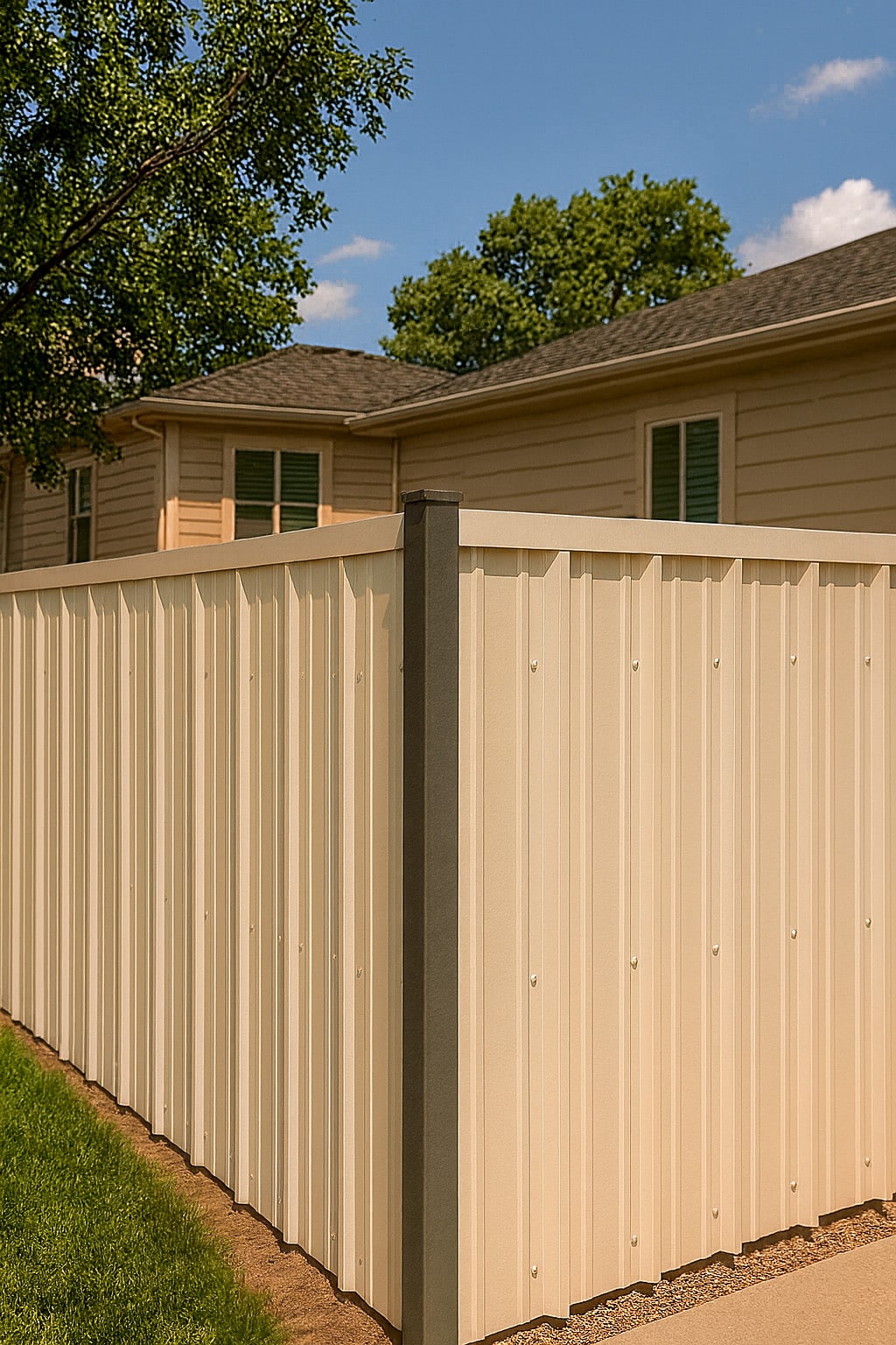 Beige Pro Panel privacy fence beside a matching beige home with green summer trees in the background.
