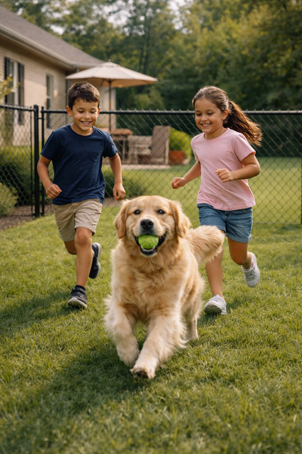 Children playing safely in a fenced yard with a clean chain-link fence in a residential setting