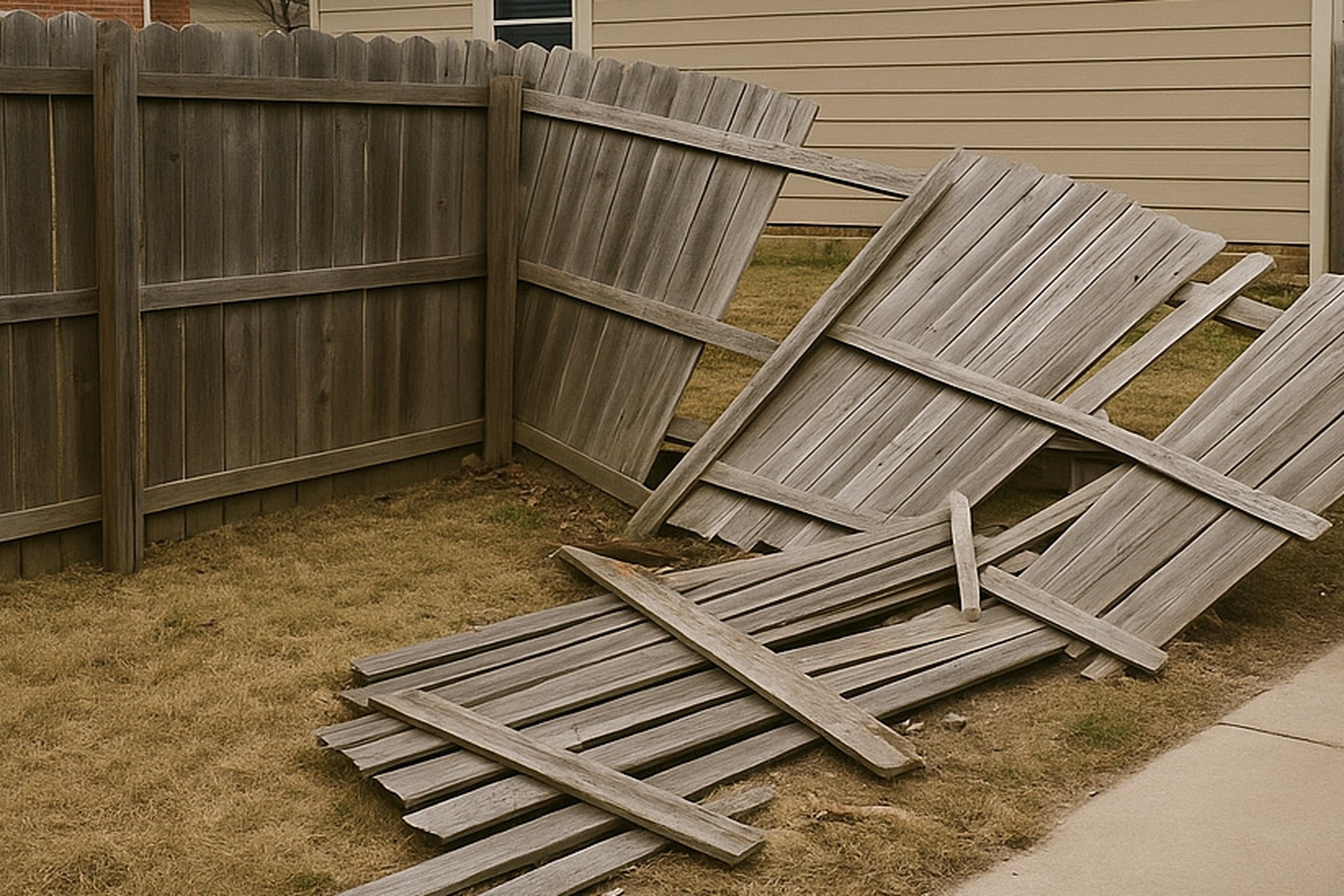 Broken wooden fence panels collapsed into a yard, showing weathered wood and safety hazards near a suburban home.
